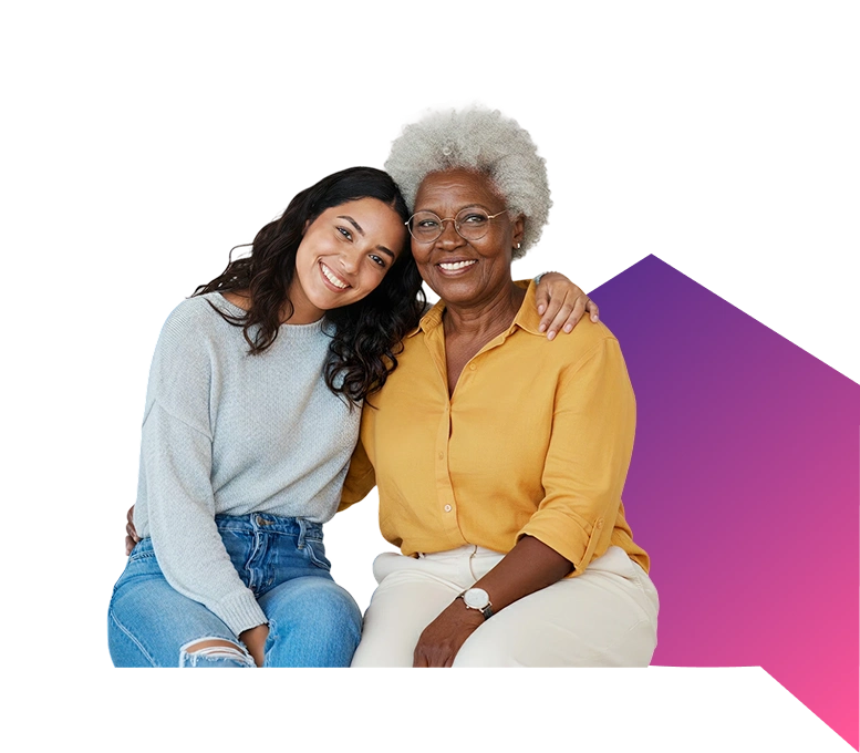 A smiling young woman in a gray sweater and jeans leans affectionately on an older woman in a yellow blouse against a black background with a purple gradient shape.