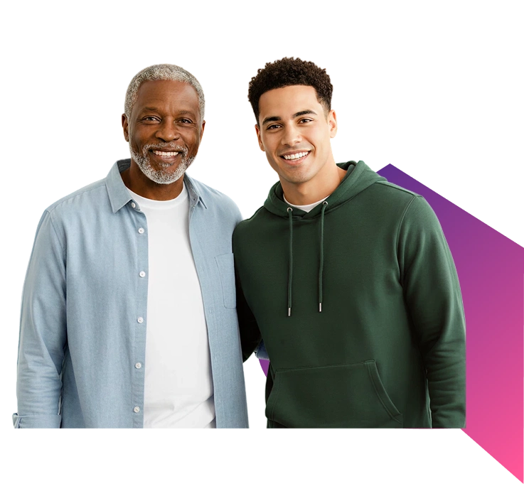 Two smiling men in casual clothes pose against a black background with a purple geometric shape. The mood is friendly and warm.