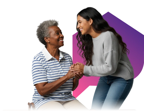 A young woman in a gray sweater and jeans leans affectionately on an older woman in a yellow blouse, both smiling, against a gradient black and purple background.