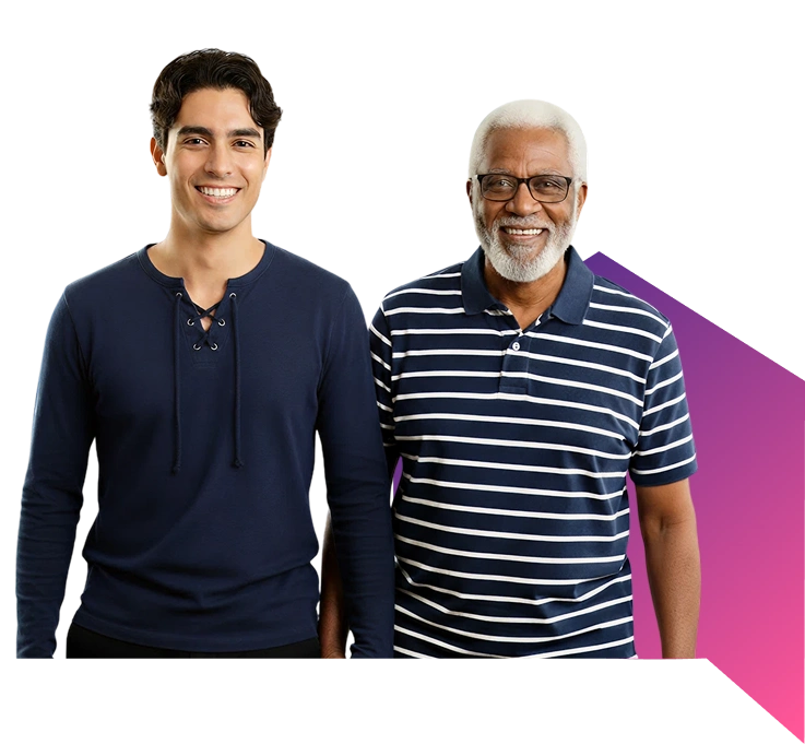 Two men stand smiling against a black background with a purple geometric shape.