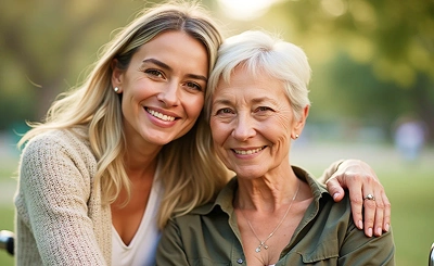 A young woman and an elderly woman smile warmly at the camera in a sunlit park.