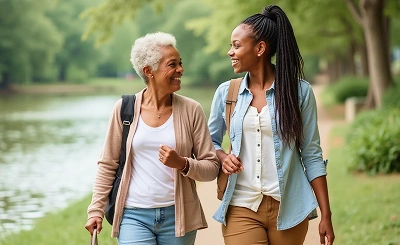 Two women walking along a tree-lined path by a river, smiling and chatting.