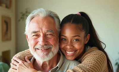 A smiling young woman hugs an older man from behind in a cozy room, conveying warmth and happiness.