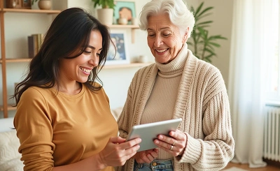 A young woman and an older woman smile while looking at a tablet in a cozy living room