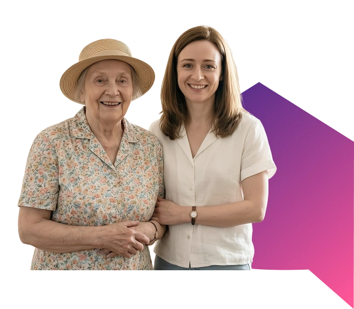 A smiling elderly woman in a floral shirt and straw hat stands arm in arm with a younger woman in a white blouse, set against a black and purple gradient background.