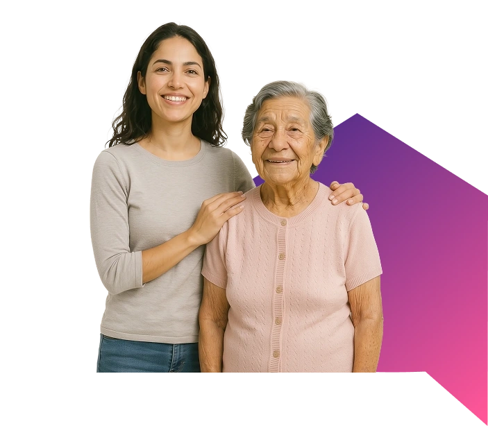A young woman and an older woman smile warmly, standing together against a black background with a pink and purple geometric design.