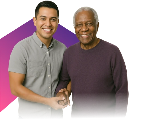 Two men stand smiling against a black background with a purple triangle. They hold hands warmly, conveying a sense of friendship and connection.