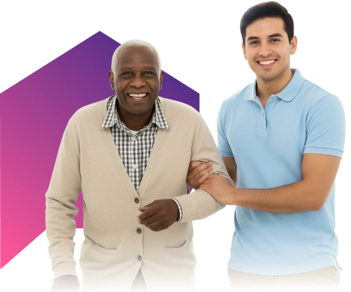A smiling elderly man in a beige cardigan and a young man in a light blue polo stand together, the young man supporting him, set against a purple geometric background.