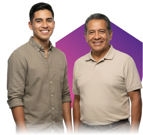Two smiling men stand against a black background with a purple geometric shape. They wear casual beige shirts, exuding a warm, friendly atmosphere.