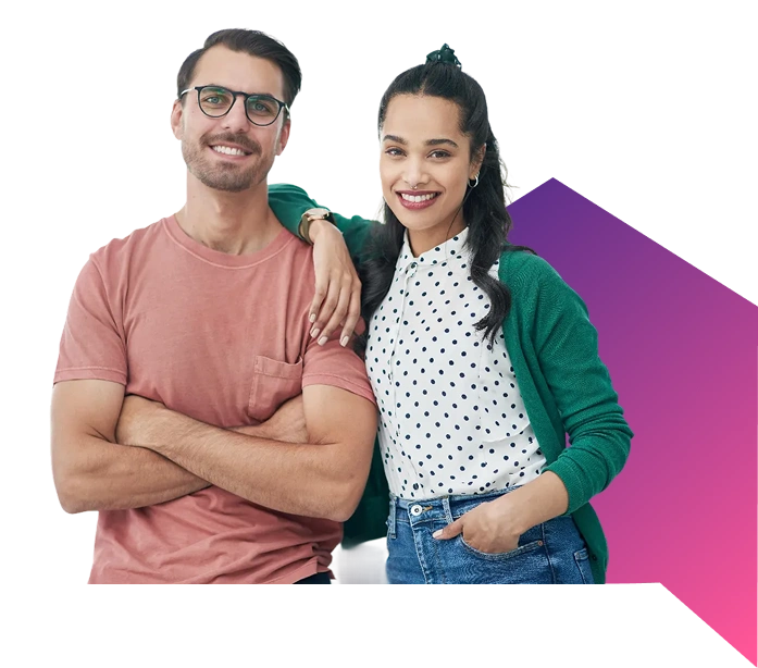 A smiling man and woman stand together confidently against a black background with a pink-purple geometric pattern.