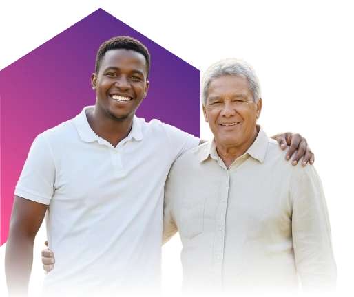 A young man in a white polo and an older man in a light shirt smile with arms around each other, set against a purple gradient hexagon on black.