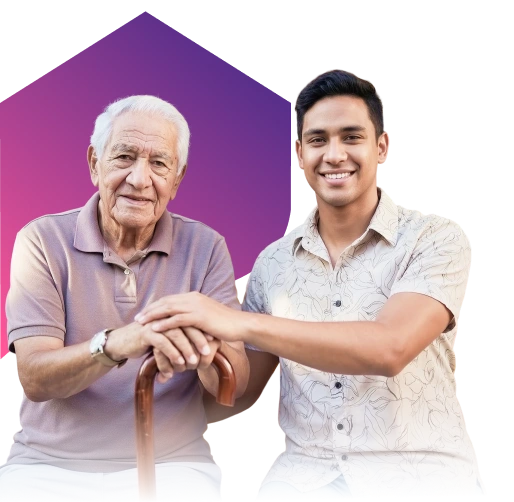 Young man smiling and embracing an elderly man with a cane, set against a black background with a purple gradient shape. Conveying warmth and connection.