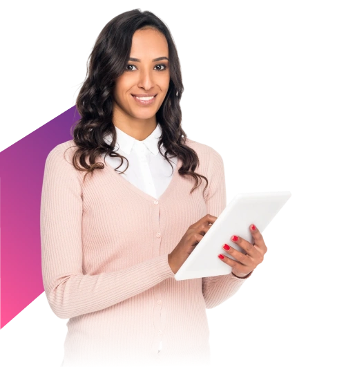 Smiling woman in a pink sweater holds a tablet against a black background with a purple geometric shape. She has long dark hair and a professional demeanor.