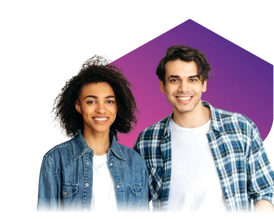 Two people stand smiling against a black background with a purple gradient shape. Both wear casual outfits, evoking a friendly and approachable mood.