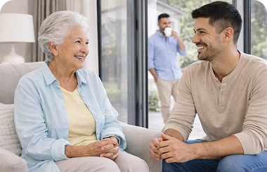 Senior woman talking with a younger man in a living room