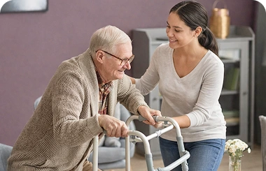 Caregiver discussing care plans with an elderly man holding a walking cane