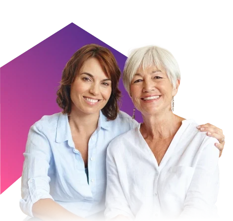 Smiling caregiver and senior woman posing together against a purple graphic background