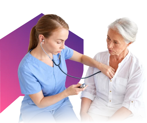Nurse checking a senior woman’s heartbeat with a stethoscope